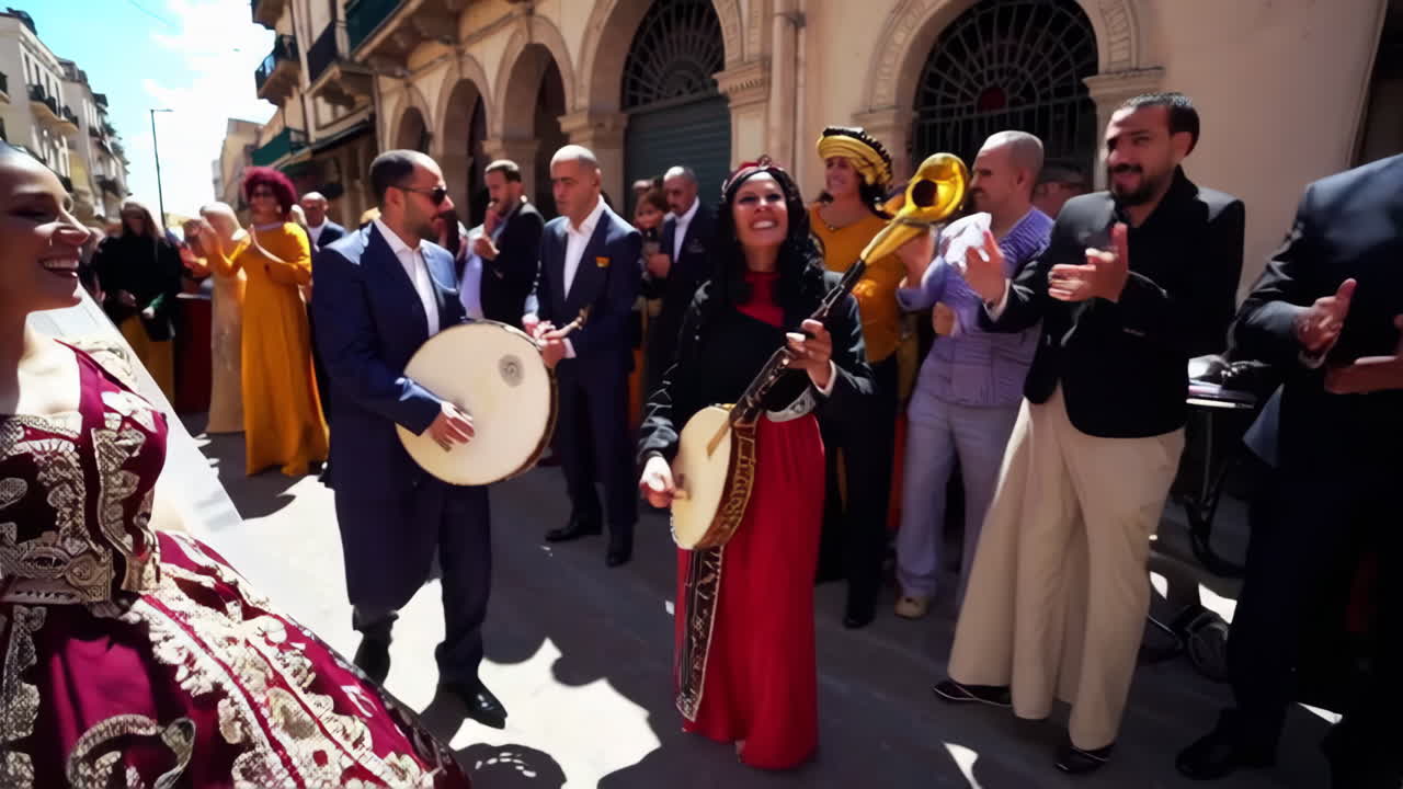 A vibrant street celebration of a wedding