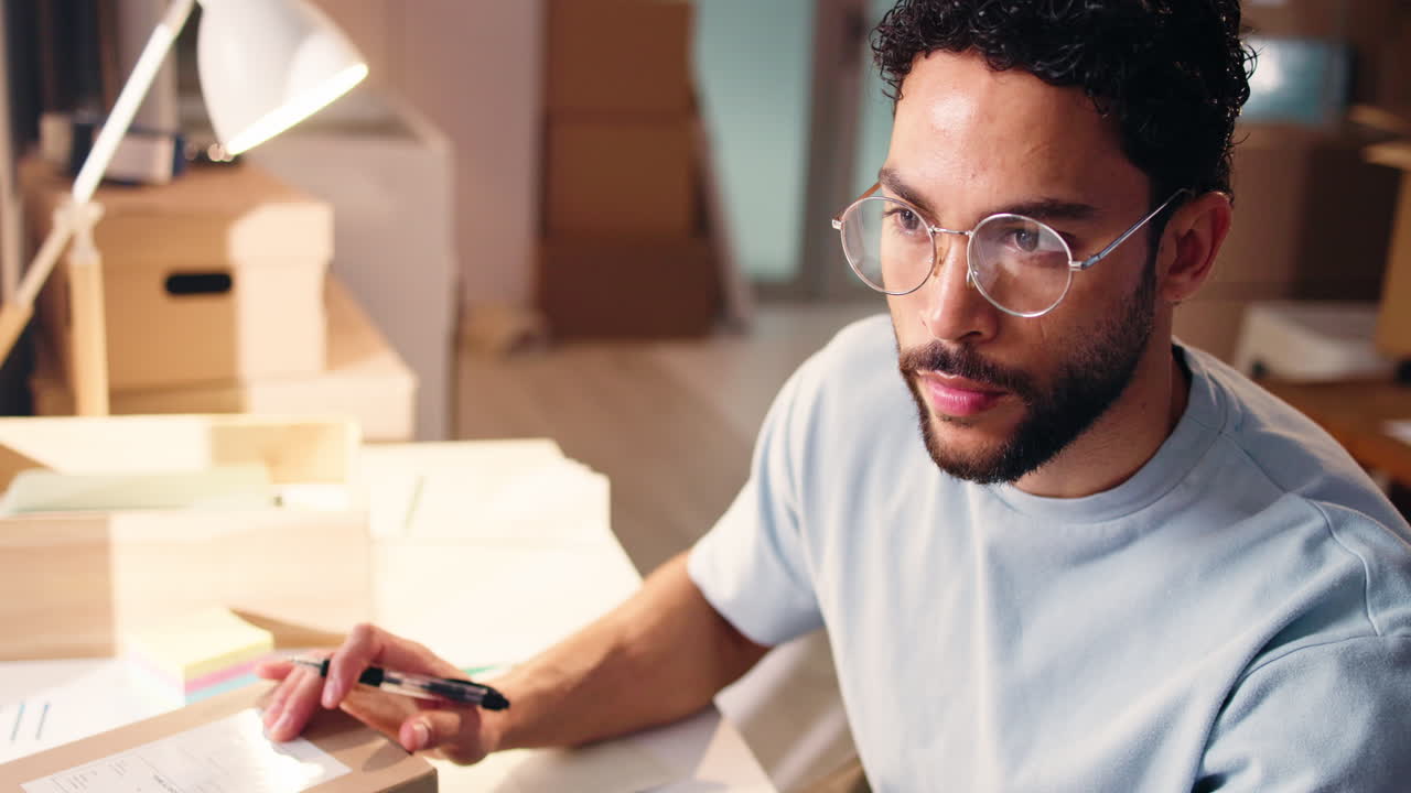Man Writing on a Package in His Home Office