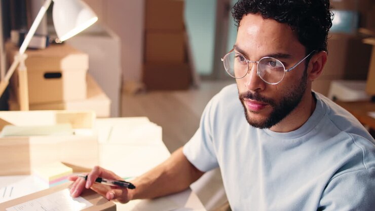 Man Writing on a Package in His Home Office
