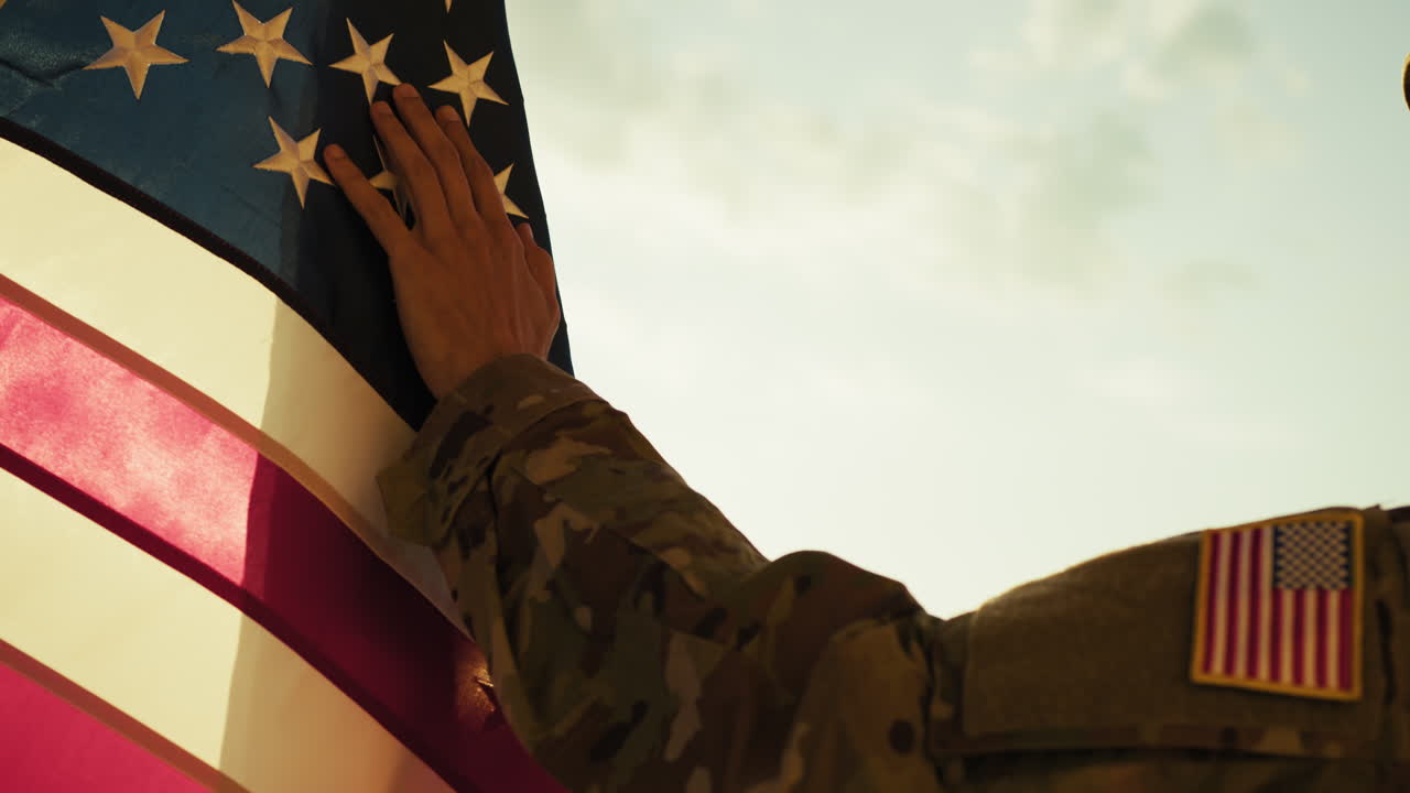 Soldier Caresses American Flag Remembering War Fallen Holiday Memorial DAy