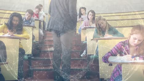 globe of network of connections over male caucasian teacher and diverse group of students at college