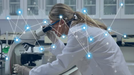 animation of network of connections over caucasian female scientist working in lab