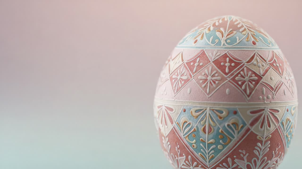 Intricately Designed Decorative Egg in Soft Pastel Colors: A Close-Up Look at the Elegance and Craftsmanship of a Beautifully Hand-Painted Easter Egg