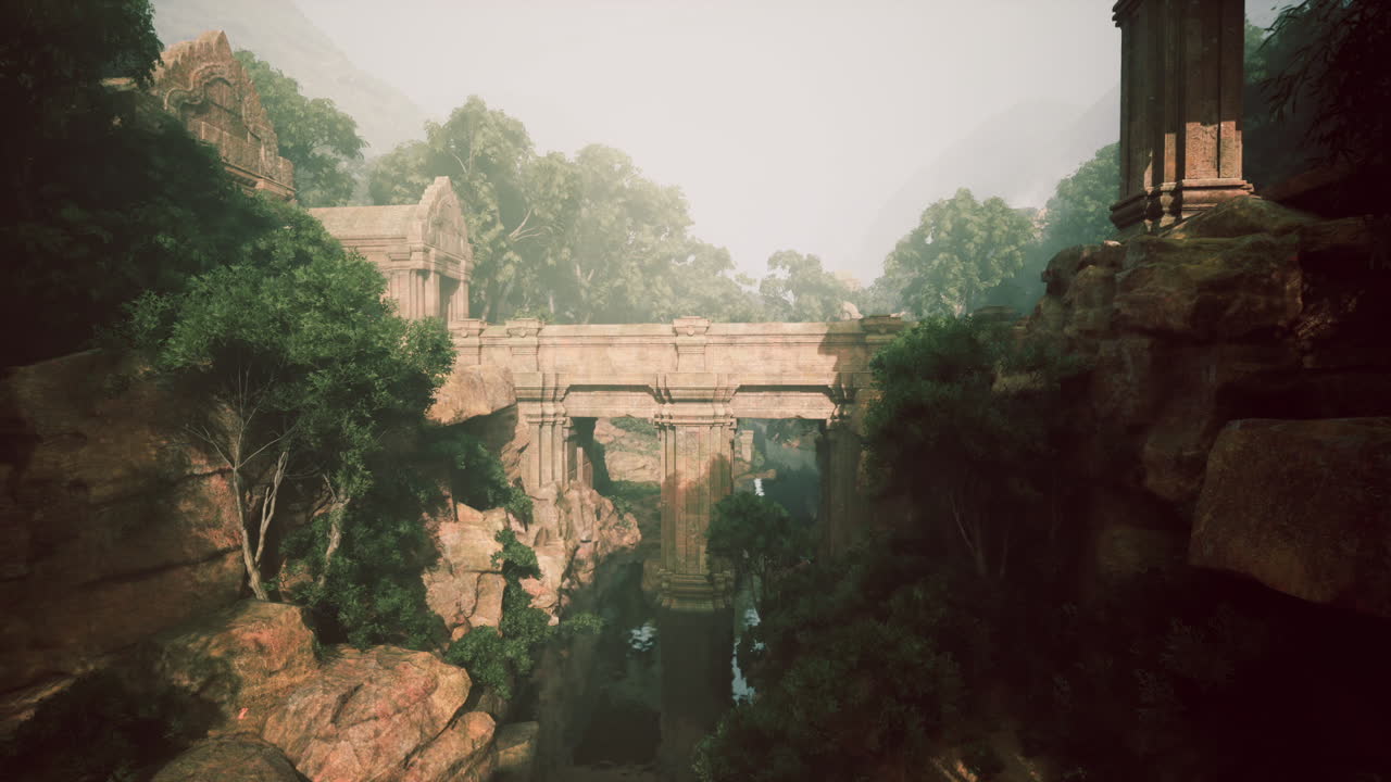 Ponte di antiche rovine circondato da una vegetazione lussureggiante in un paesaggio mistico.