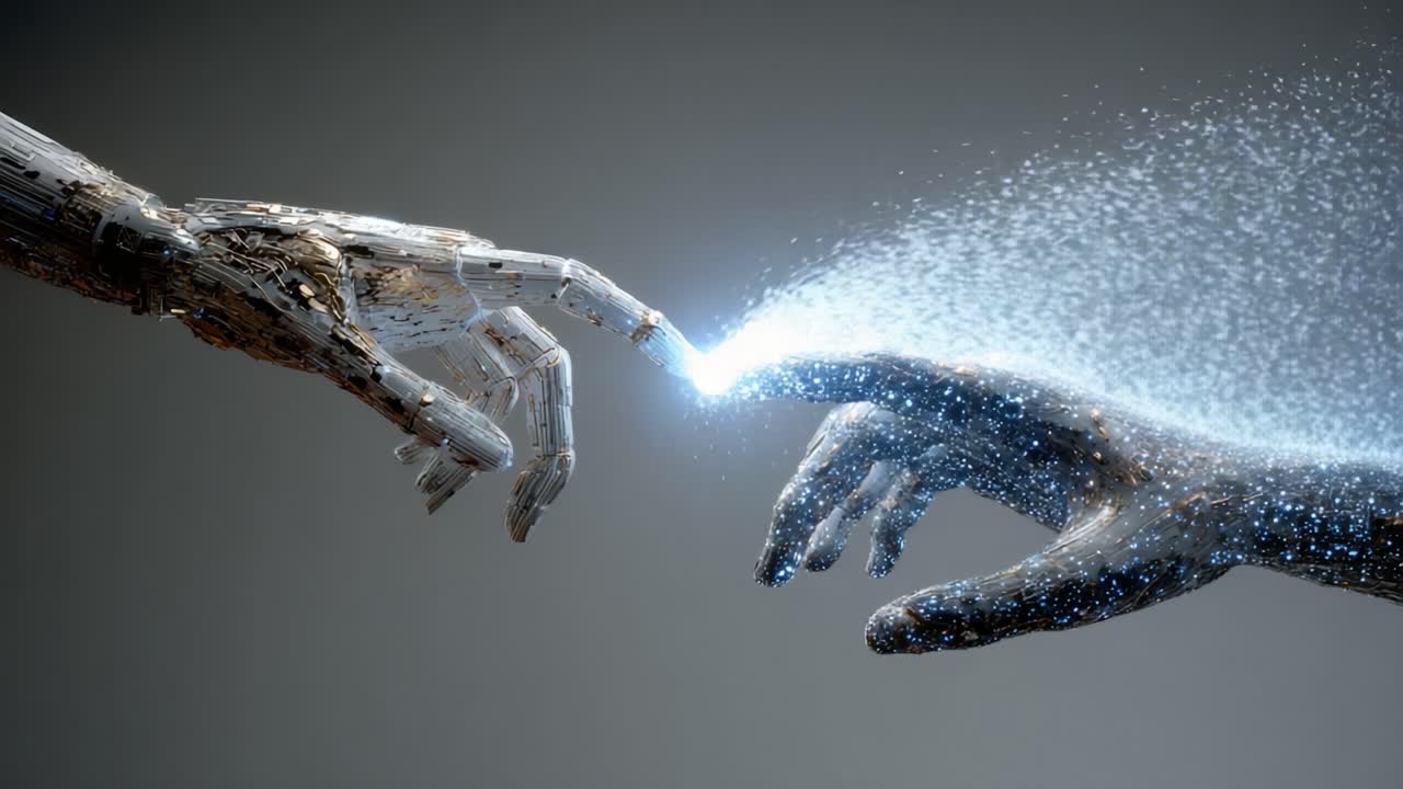 Una splendida interpretazione visiva della creazione: il momento in cui l'ingegno umano incontra il progresso tecnologico, catturando l'essenza della connessione nell'era digitale