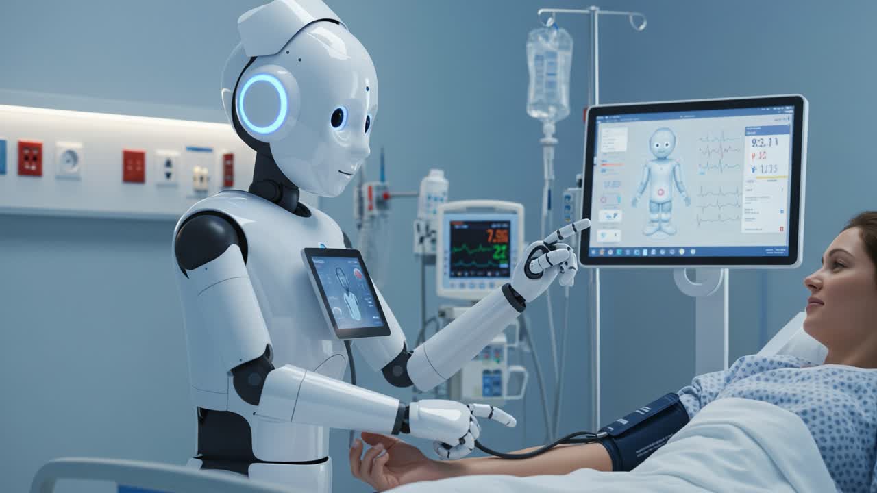 Advanced Healthcare Robotics: A Futuristic Robot Assisting a Patient in a High-Tech Hospital Environment with Monitors and Medical Equipment