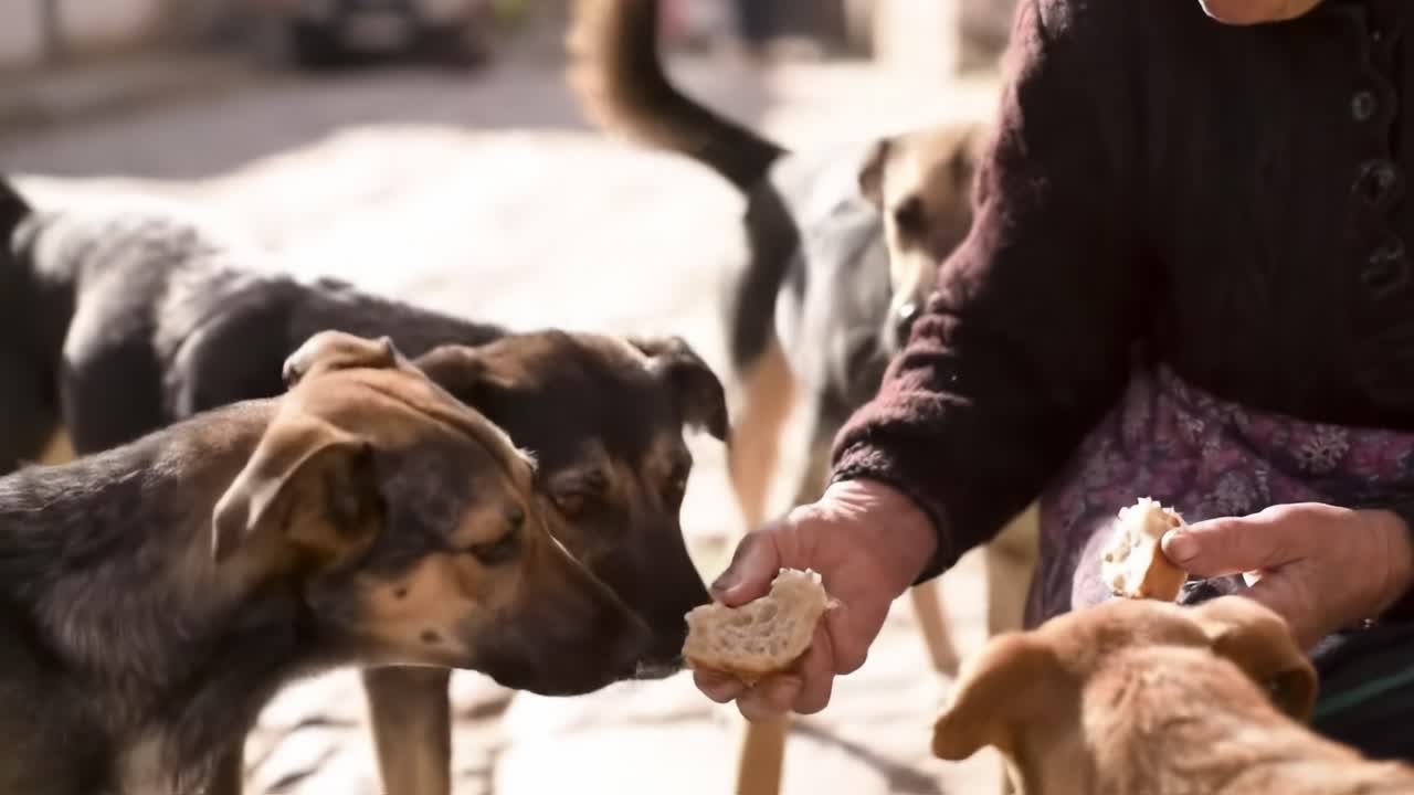 An Elderly Woman Interacts with a Group of Captivated Dogs, Sharing a Moment of Care and Companionship in a Sunlit Street Filled with Life