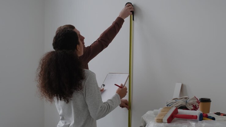 Couple measuring wall for home renovation project