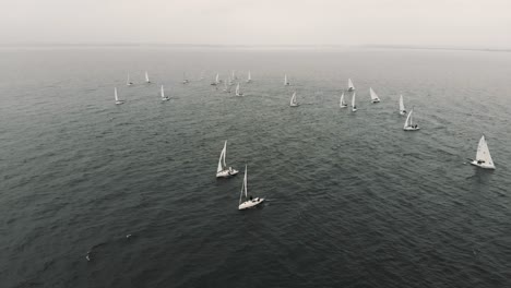 sloop sailboats make headway into the wind on an overcast day