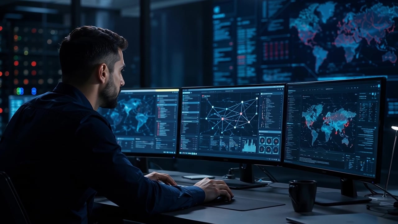 IT Security Analyst Working At Multi Monitor Station In Dark Control Room