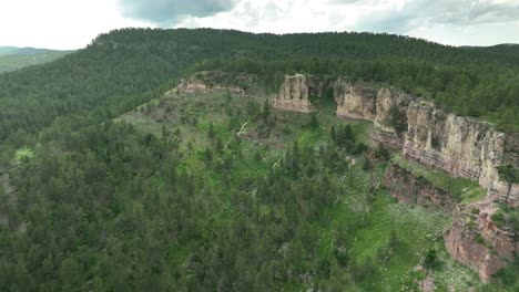 an aerial drone shot that starts out wide, then pushes into cliffs in the forest