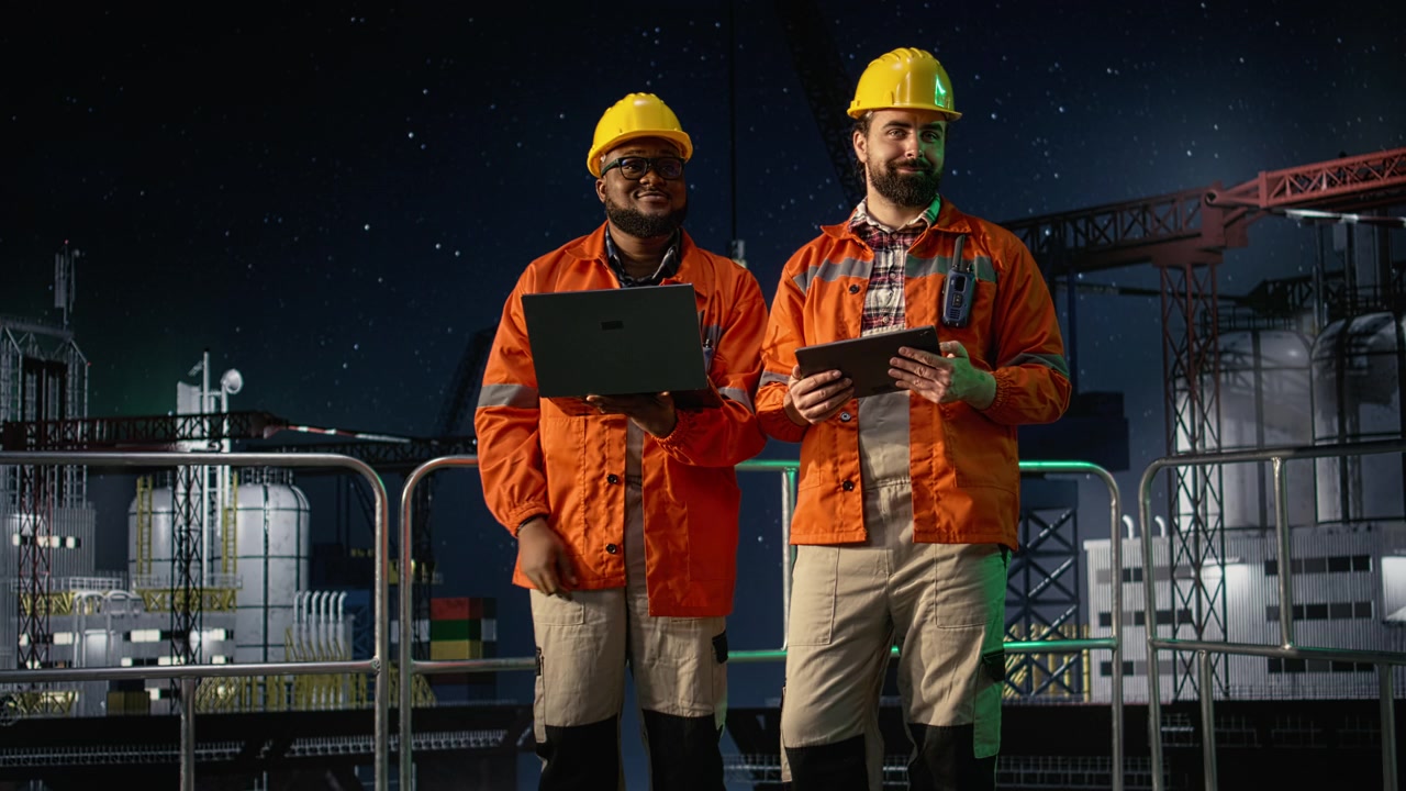 Monitoring ship resources, oil crisis and cheerful offshore rig crew members