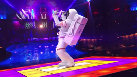 astronauta genial bailando en un escenario de discoteca - la cámara se mueve