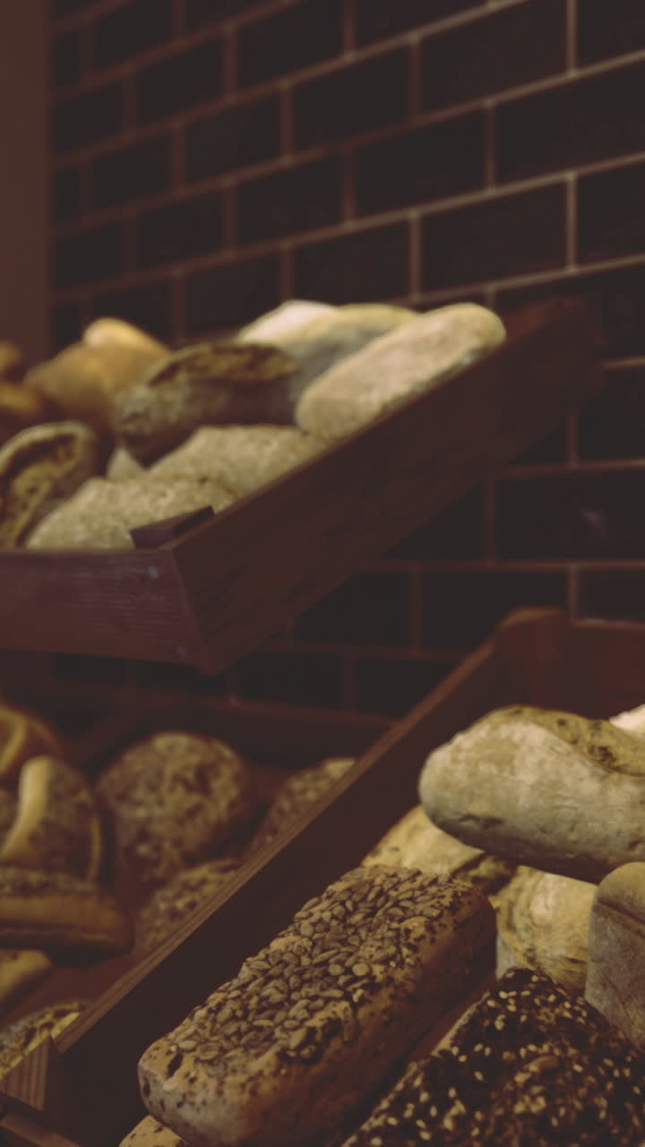 Freshly baked artisan bread displays in a contemporary bakery setting