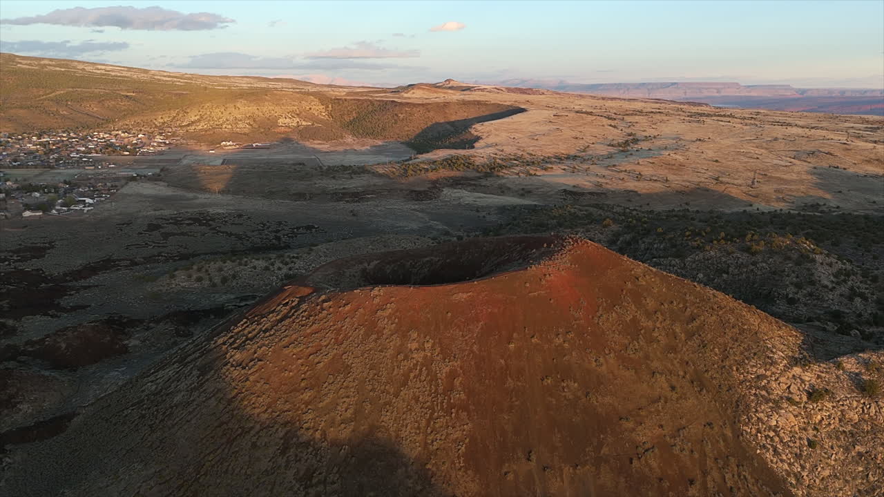 Above View Of Volcanic Crater At Sunset. Aerial Shot