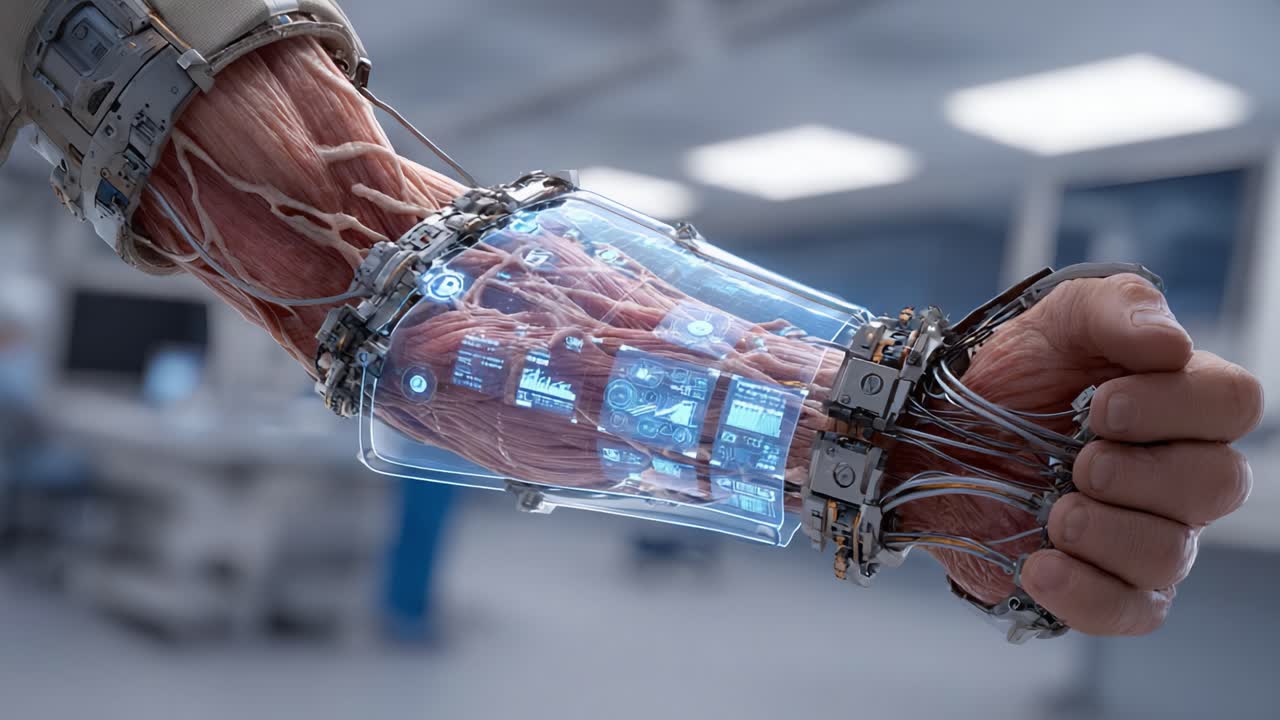 Advanced Robotic Arm with Transparent Interface Showcasing Intricate Mechanical Components and Integrated Circuitry, Symbolizing the Future of Human-Technology Integration