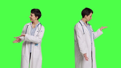 Mujer-Médica-Hace-Publicidad-Web-Contra-El-Telón-De-Fondo-De-Pantalla-Verde