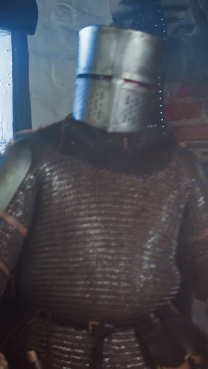 얼어붙은 기사 (frozen knight) 는 눈이 내린 거리에서 술집에 들어갑니다. 검과 전리품 가방을 들고 있는 중세 전사가 상점에 방문합니다. 어두운 시대의 생활 방식 재구성.