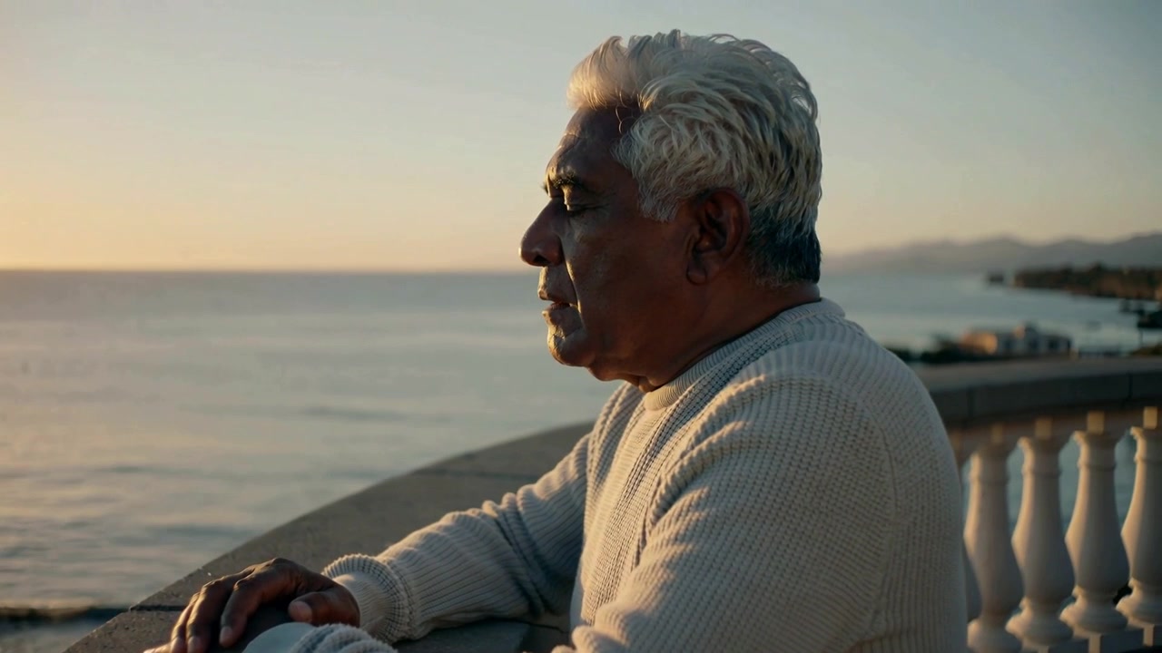 Hombre mayor apoyado en una barandilla, girándose hacia el horizonte con el sol bajando sobre el océano, cerrando los ojos, vistiendo un suéter.