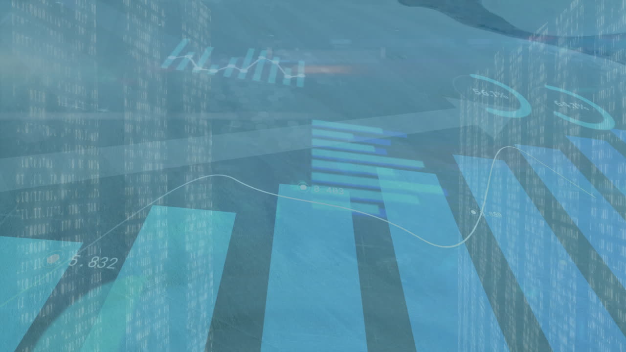 Animation of financial growth with digital graphs and data charts over cityscape