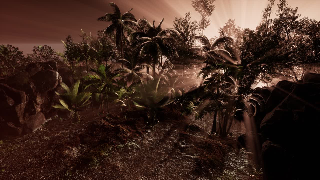 ⁇ 나무 를 가로지르는 해 가 지는 광선