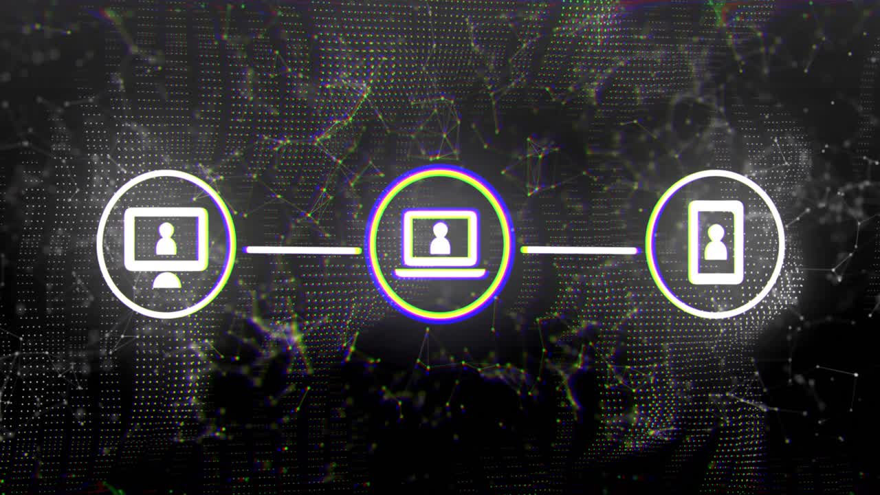 animación de iconos en fondo negro con conexiones