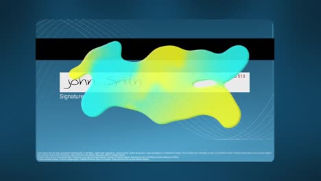 Animation-Eines-Grünen-Und-Gelben-Virus,-Der-Sich-über-Eine-Kreditkarte-Auf-Blauem-Hintergrund-Bewegt