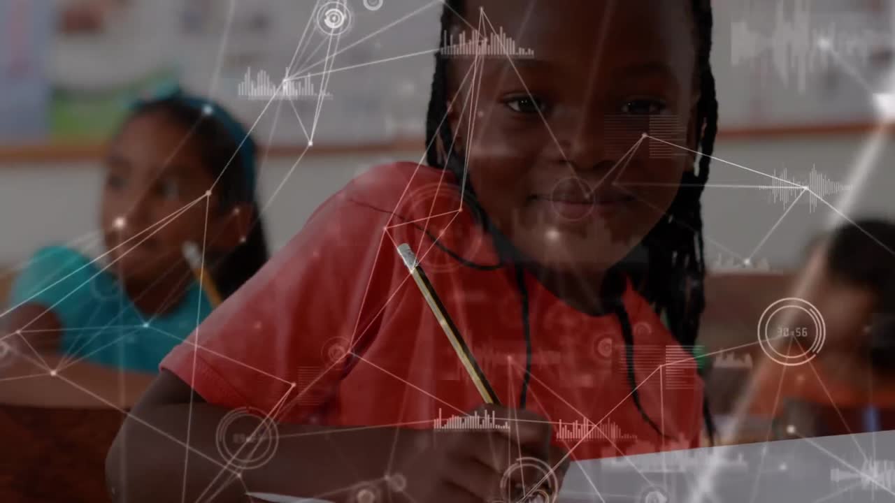 Animation of network of connections with icons over children at school