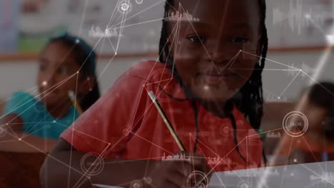 animation of network of connections with icons over children at school