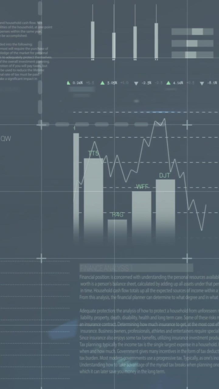 Animazione di elaborazione dati finanziari su griglia su sfondo grigio