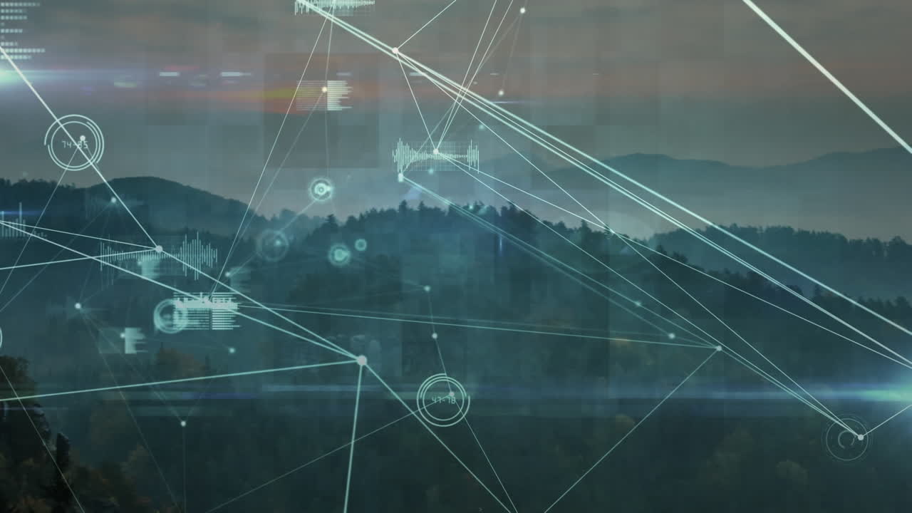 Animation of networks of connections and data processing over landscape