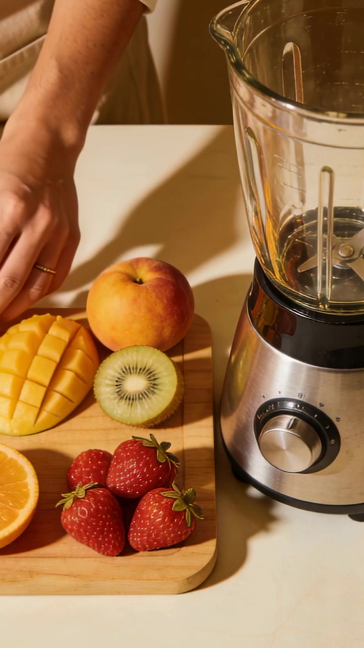 Video verticale: Un braccio con una maglietta bianca che entra e sistema frutta tagliata su un tagliere vicino a un frullatore, preparando una bevanda.