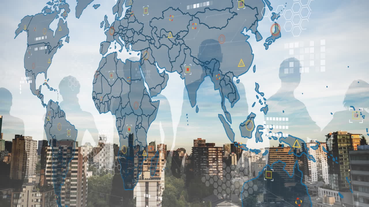 Animation of business people and world map over cityscape