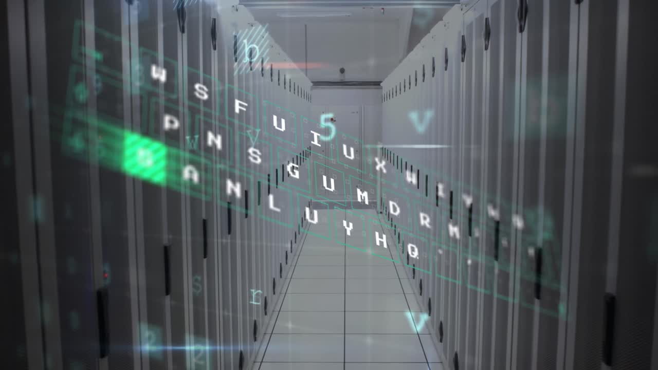 animación del procesamiento de datos y el teclado sobre la sala del servidor