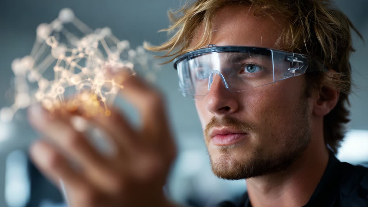 Exploring the Fascinating World of Molecular Structures: A Young Scientist Examines an Abstract Model with Focus and Curiosity, Highlighting the Intersection of Innovation and Artistry in Science