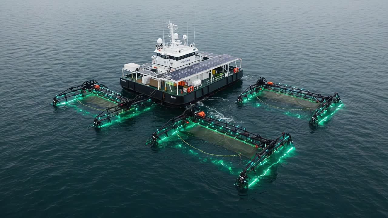 Innovative Aquaculture Station: A High-Tech Floating Platform Enhanced with Solar Energy Panels and Sustainable Fish Farming Technology