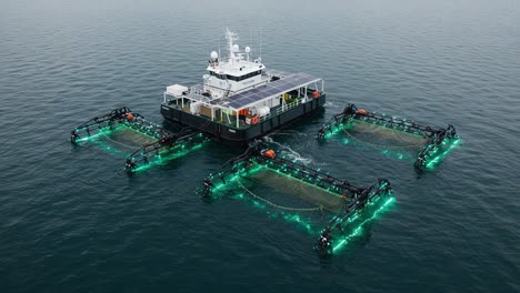 innovative aquaculture station: a high-tech floating platform enhanced with solar energy panels and sustainable fish farming technology