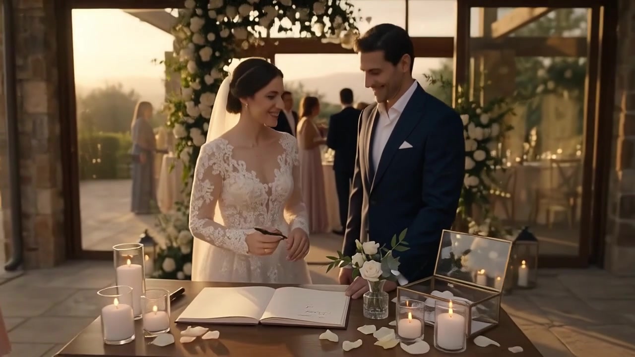 Bride and Groom Signing Marriage Certificate at Wedding Reception