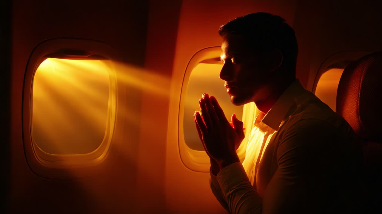 A Thoughtful Traveler Engaging in Reflection During a Scenic Sunset Flight in an Airplane, with Sunlight Streaming Through the Window, Creating an Atmosphere of Calmness and Introspection