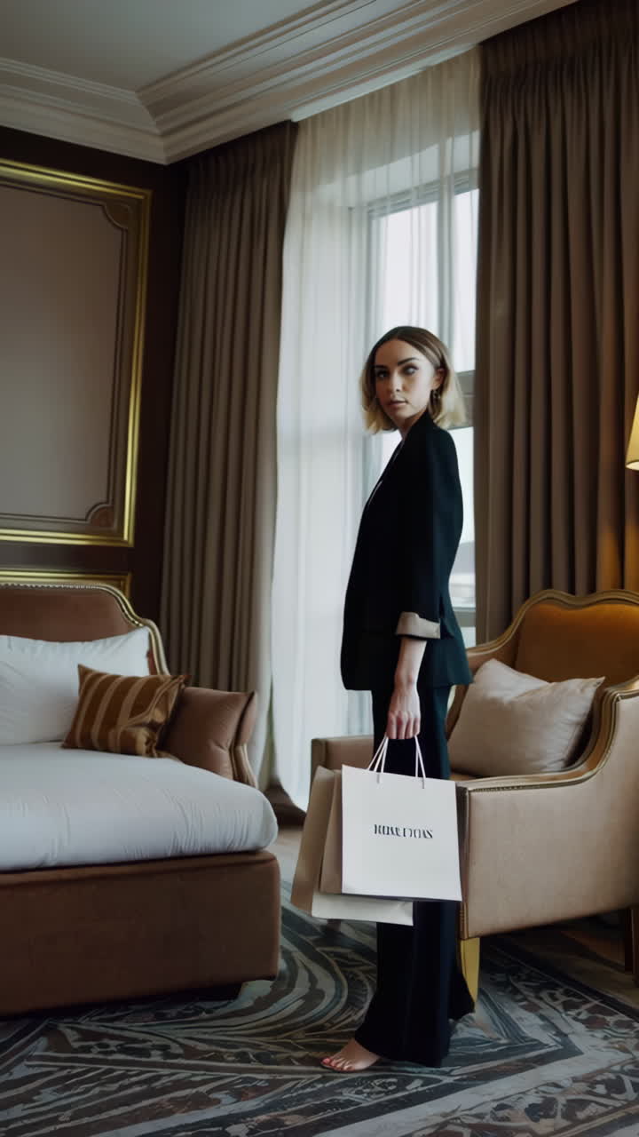 Elegant Woman in Black Suit with Shopping Bag in a Modern Hotel Room