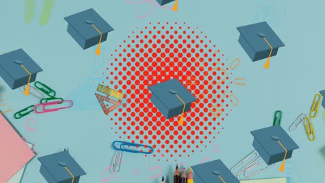 animación de los iconos de los artículos escolares que se mueven sobre un fondo azul