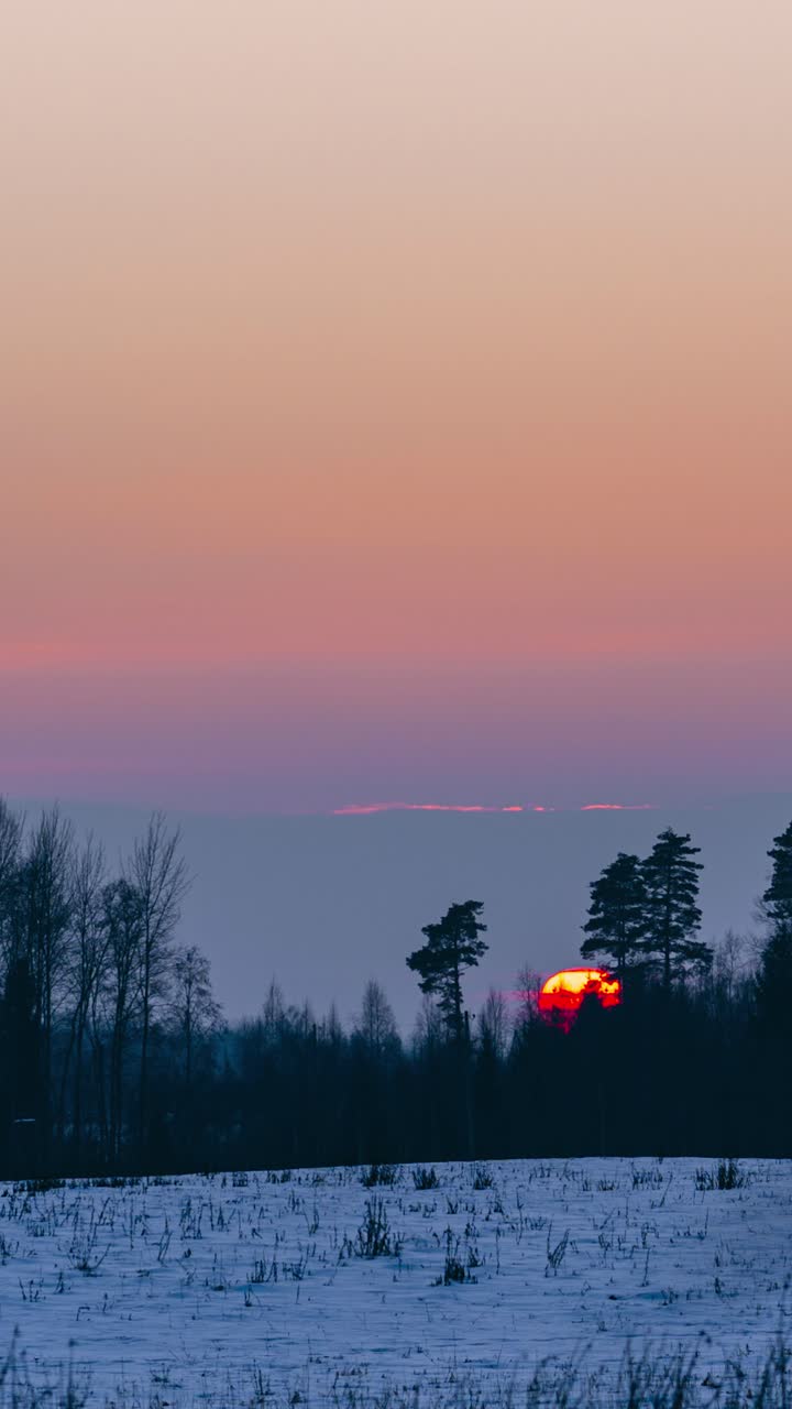 Vertical golden winter sunset timelapse over snowy field and forest silhouette. Tranquil nature scene with orange sky and large sun disc setting behind clouds and forest.