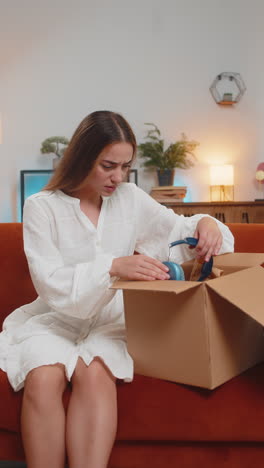 dissatisfied annoyed young woman opening cardboard box receive broken wireless headphones at home