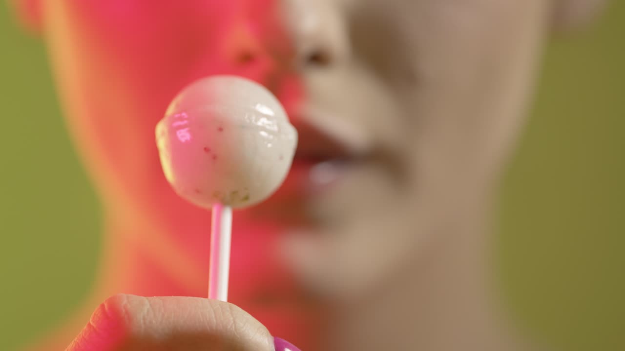 Rack focus, close-up young female blue tongue licks a white sweet lollipop
