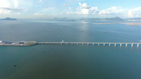 Hong-Kong-Zhuhai-Macau-Bridge-on-a-beautiful-day,-wide-angle-aerial-view