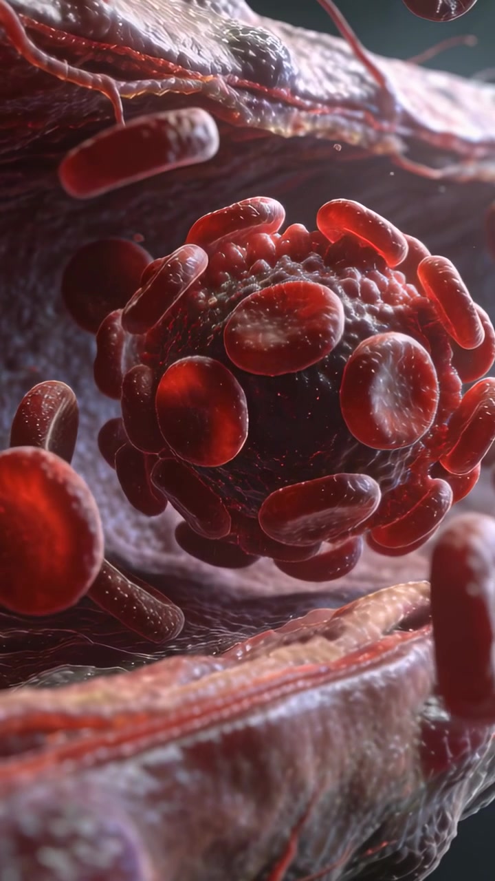 Vertical video: Flowing blood pushing central aggregate rotating, coating red discs in vessel lumen