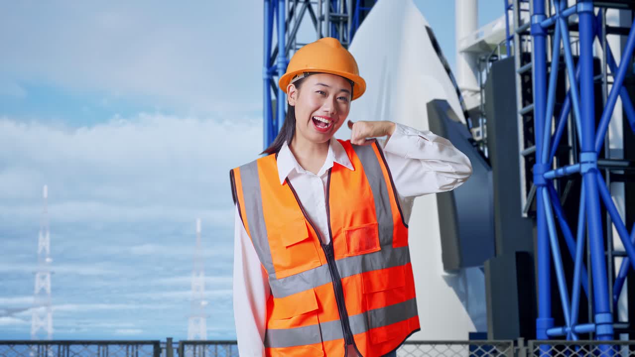 ingeniera gestando una llamada telefónica cerca de la plataforma de lanzamiento de cohetes