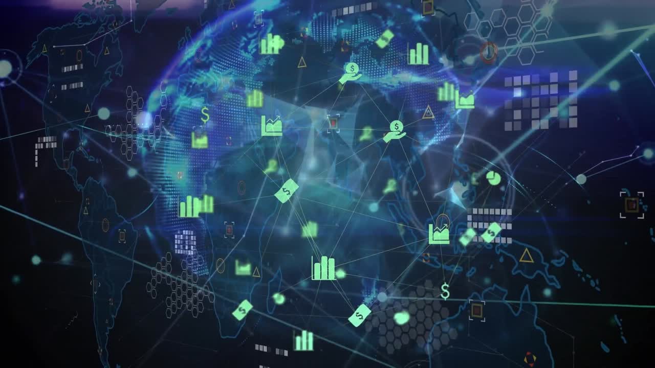 Animation of network of connections with world map and globe on black background