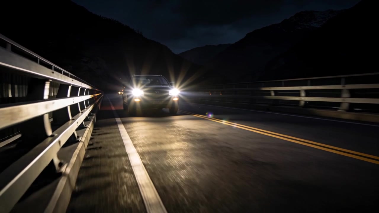 Fari che lampeggiano, auto in arrivo che si avvicina alla telecamera su un ponte di notte, con il guardrail che riflette la luce.