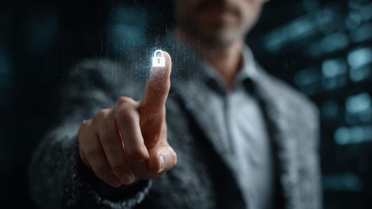 A Man Engaging with a Digital Lock on His Finger, Symbolizing Modern Security Solutions and Technology in a Dark, Futuristic Environment